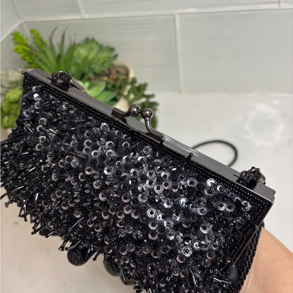 Vintage Lancôme Black Beaded Evening Bag Sequin Clutch Braided Strap Formal - Picture 8 of 10